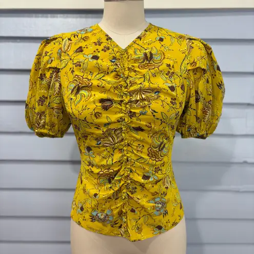 Ulla Johnson Elise Ruched Puff Sleeve Silk Floral Top