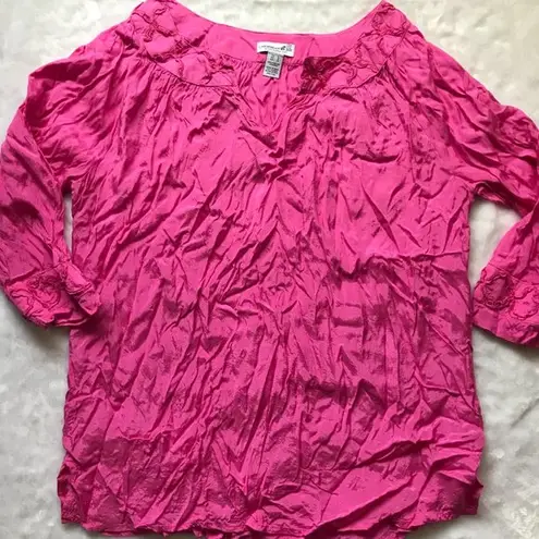 Caribbean Joe Women's Barbie Pink 100% Viscose 3/4 Sleeve Lightweight Blouse L