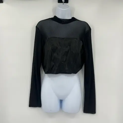 OLM Mesh Faux Leather Bustier Womens Crop Top Sz XL Y2K Goth Rave Festival Edgy Black