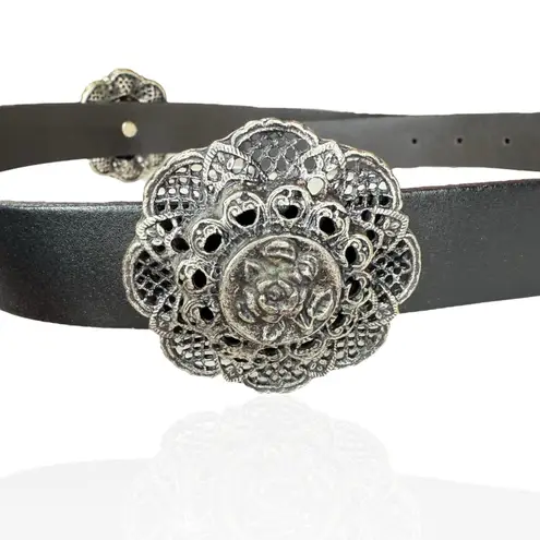 Vintage Leather Belt S Silver Filigree Floral Concho Medallion Made In Italy Black