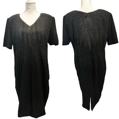 Vintage 80s Stenay Woman Black Silk Beaded Sequin Cocktail Shift Dress Art Deco Size 14