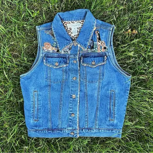 90s / Y2K Denim Vintage Zoo Animal Embroidered Jean Vest Leopard Print Trim Size M