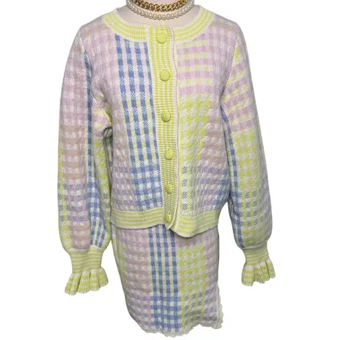 Love Shack Fancy  Keoni Cardigan & Pawley Skirt Set plaid pink blue yelllow Size L