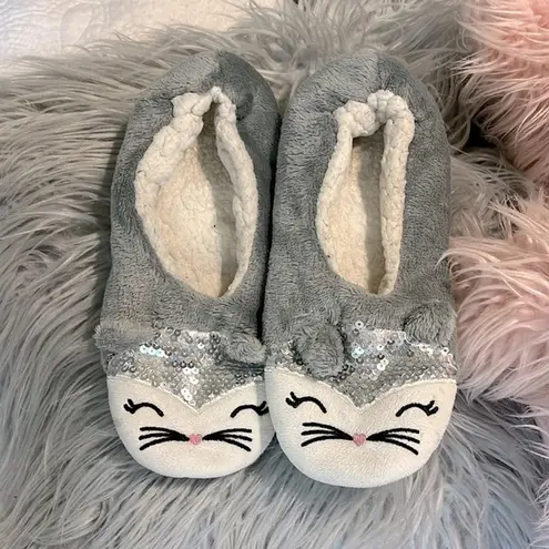 Lounge Kitty Cat Slippers Gray Plush Sequins House Shoes  Dorm Womens 8 9