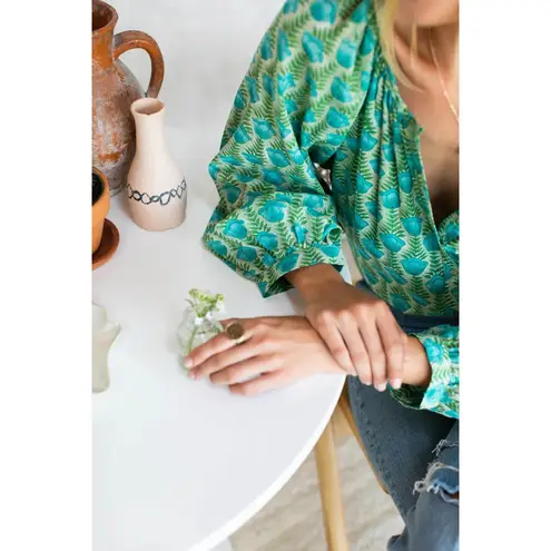 India Collection Emerson Fry Frances Frida Blue Green Organic Cotton Top EUC XS