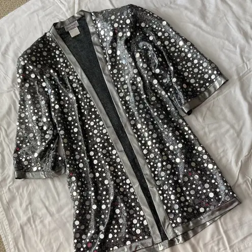 Vintage 1980s 1990s Glitzy Silver Pullover Long Duster Cardigan Disco Top Small
