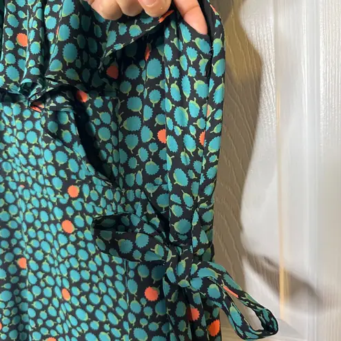 HD in Paris Anthro Teal Blue & Orange Print V Neck Midi Dress Size 10 Wrap Tie