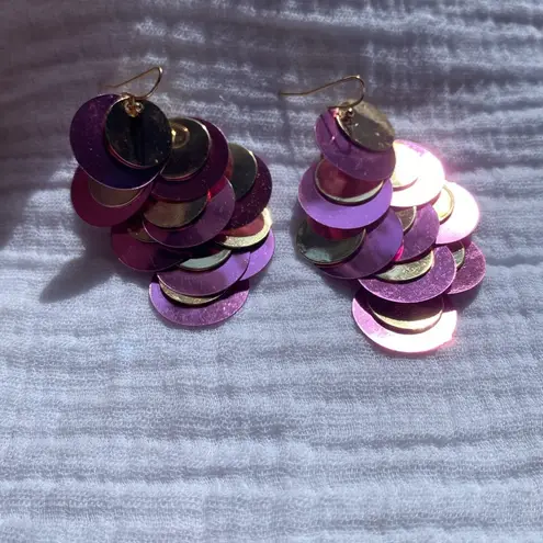 Purple Gold sequin paillette chandelier earrings dangle 3 inch long lightweight Pink