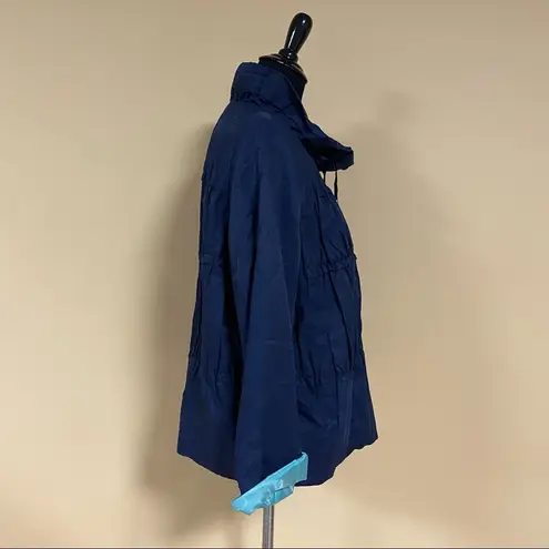 Tahari 🛍️ Navy Blue Mint 3/4 Sleeve Hoodless High Collar Ruffle Frill Jacket L