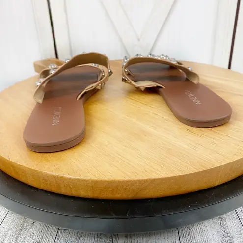 Nine West  Brynli3 Studded Dual Strap Slide Sandals‎ Tan Silver 7