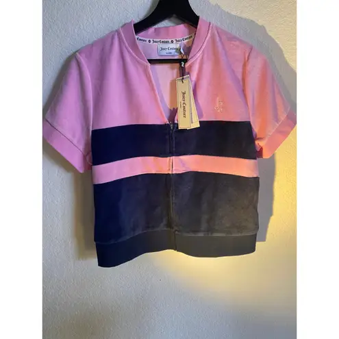 Juicy Couture Pink/Blue Colorblock Velour Short Sleeve Track Jacket Size L