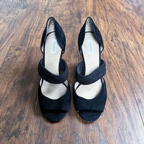 Max Mara • d'orsay wedge heels black suede braided jute open toe sandal