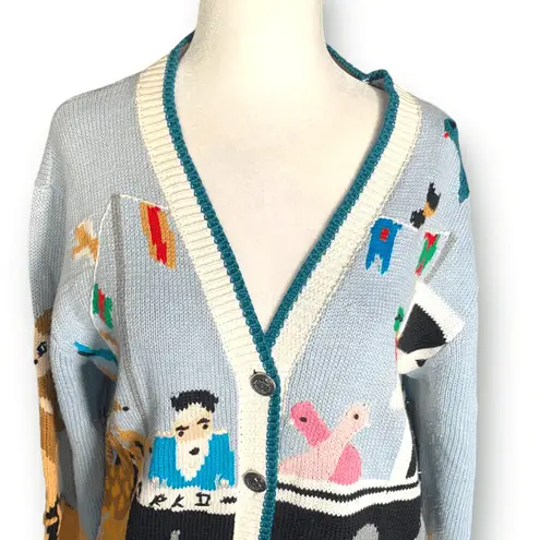 Vintage Noahs Ark Cardigan Sweater Linen Cotton Colorful Animal Print 90s Small Blue