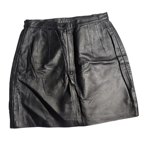 Vtg 1990s Newport News Black Leather High Rise Back Zip Mini Skirt Sz 8