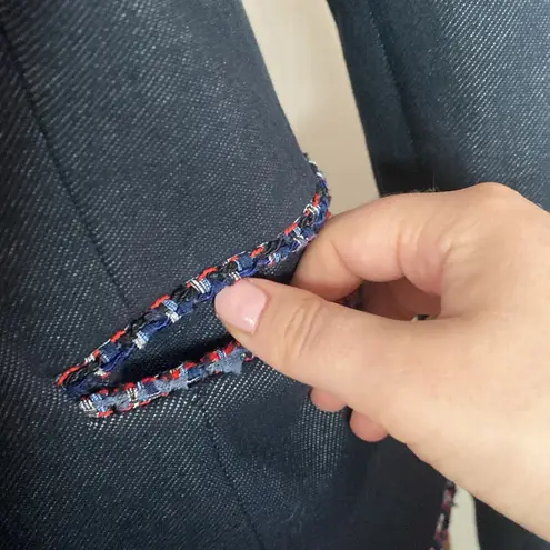 7th Avenue New York & Co denim like tweed ribbon trimmed tailored blazer size S Blue