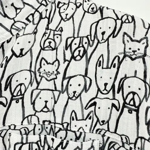 John Mark Button Down Short Sleeve Shirt Large White Black Dog Cat Print Tunic