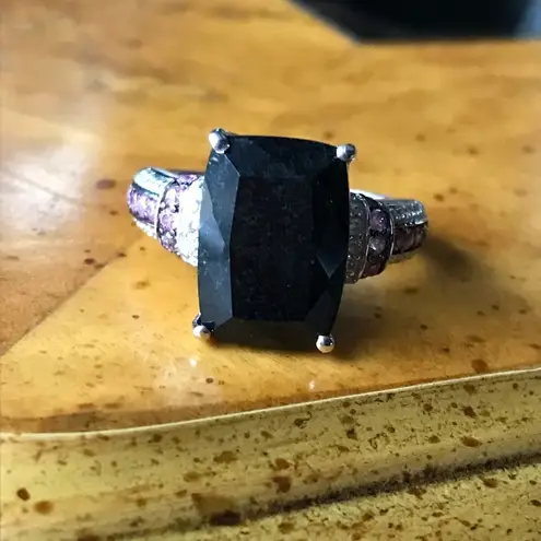 Natural Black Jade Pink Sapphire Sterling Silver Ring Size 8