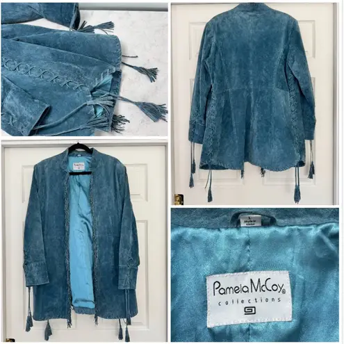 Pamela McCoy Suede Leather Jacket with Fringe Tassels, Size L Teal Blue Size L