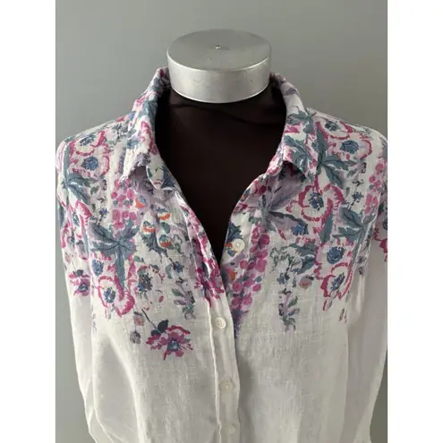 Joules Linen Shirt 8 White Floral Jeanne Print Lightweight Beach Lagenlook