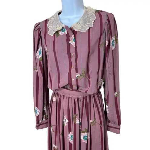 Vintage Campus Casuals Striped Floral Skirt and Blouse Outfit Size Small Purple