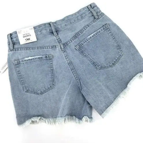 YMI Jeans NWT  Women's Distressed High Rise Mom Shorts Blue Light Wash Size 7/28