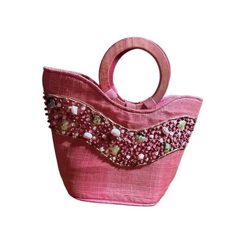 Sun N Sand Boho Chic Beaded Pink Straw Handbag Statement Summer Purse with Woode