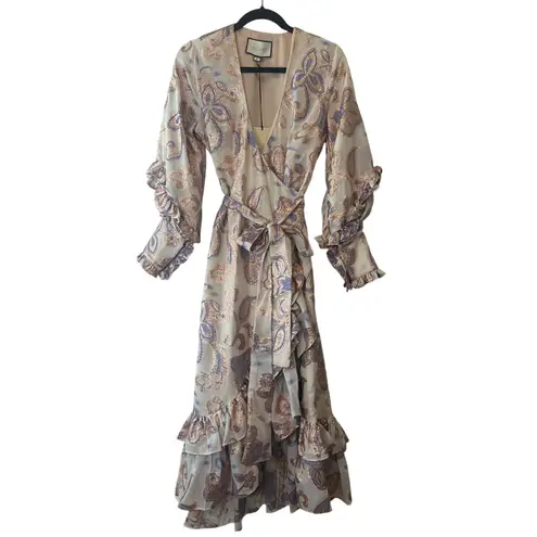 Alexis Abessa Metallic Paisley Wrap Ruffle Midi Dress Blue Gold S NWT