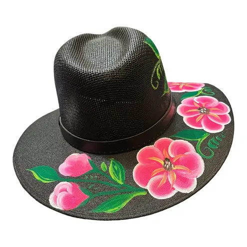 HAT MEXICAN Artisanal Hand Painted Fedora Floral Sombrero Panama Bohemian Black