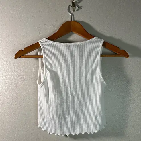 Live in the Moment Romantic Angel Dreamy White Ribbed Scallop Hem Tie-Front Womens Crop Tank Top XS