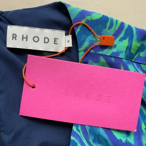 NWT Rhode Pia Mini Dress in Green and Blue Electric Moire Print, Size 0