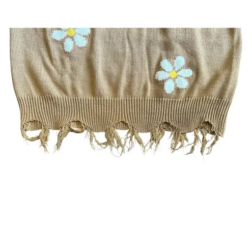 Just Polly New York Brown w/ Daisy Sweater SZ L Distressed V