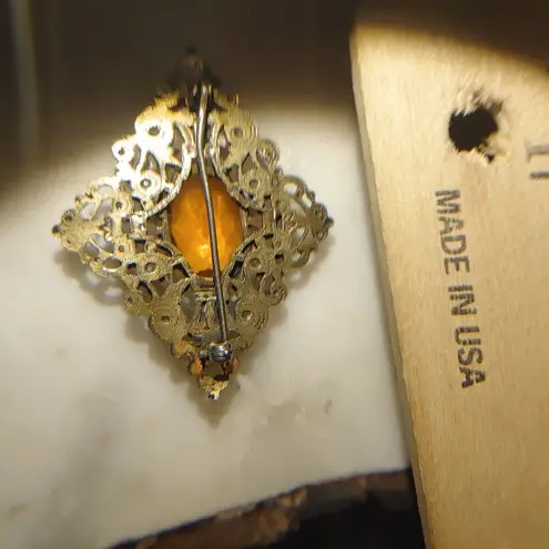 Antique Victorian Brass Filigree Brooch Yellow Orange Amber Colored Glass