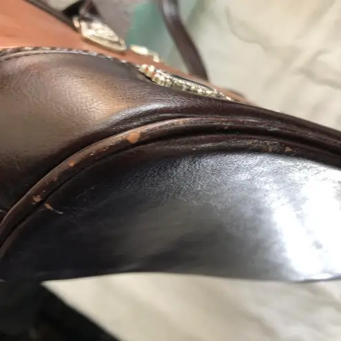 Western Boho Indie Brown camel tan leather shoulder hand bag purse tote silver hardware long strap