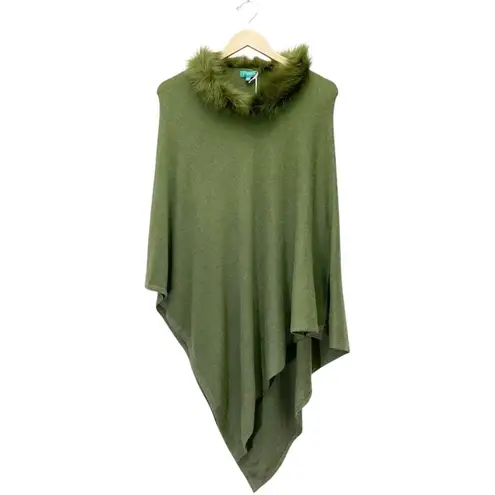 NWT La Marey 100% Cashmere Poncho Sweater Faux Fur Trim One Size Olive Green NEW