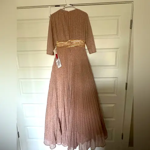 Mac Duggal Shimmering Pleated A-Line 3/4 Sleeve Rose Gold Ballgown NWT