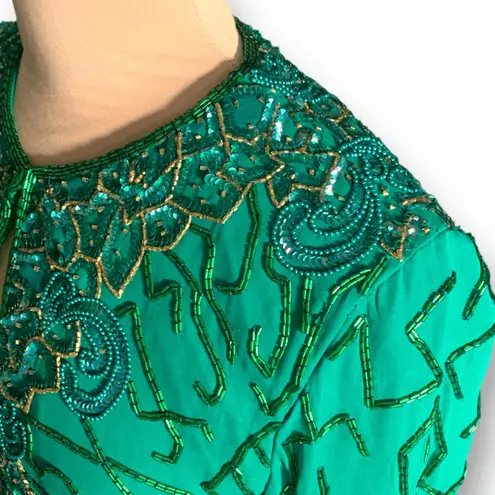 Vintage Razzle Dazzle Emerald Green Silk Beaded Open Front Evening Jacket Size M