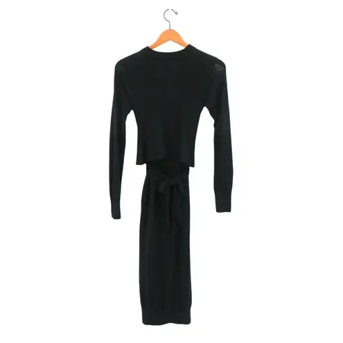 Allsaints Black Flora Wrap Long Sleeve Merino Wool Midi Sweater Dress M Size M