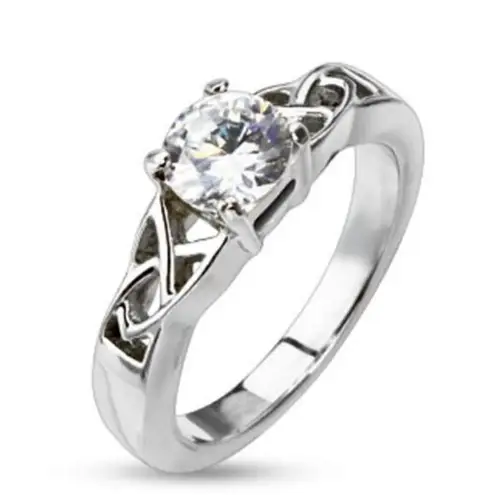 Knotted Frame with Clear CZ Solitaire Prong Set Ring Stainless Steel‎ size 8 Silver