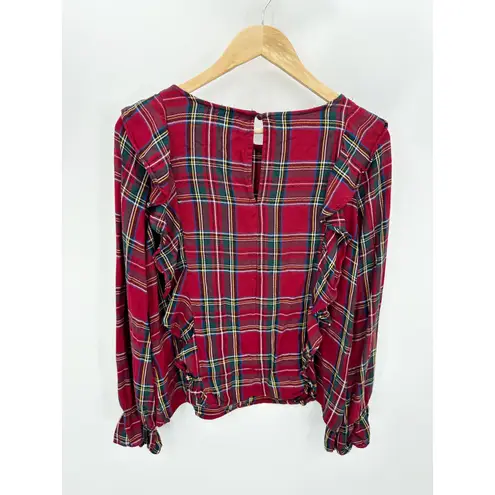 Sanctuary  Women Red Plaid Ruffle Long Sleeve Top Size XS Holiday Festive