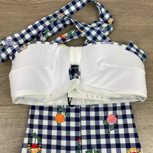 Unique Vintage Navy Gingham Floral Halter Tie Romper Style Swimsuit Sz.S/4 NWT