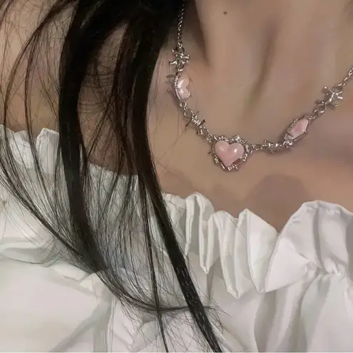 Creative Pink Love Heart Silver Plated Chain Necklace Punk Y2K Style‎ Neck