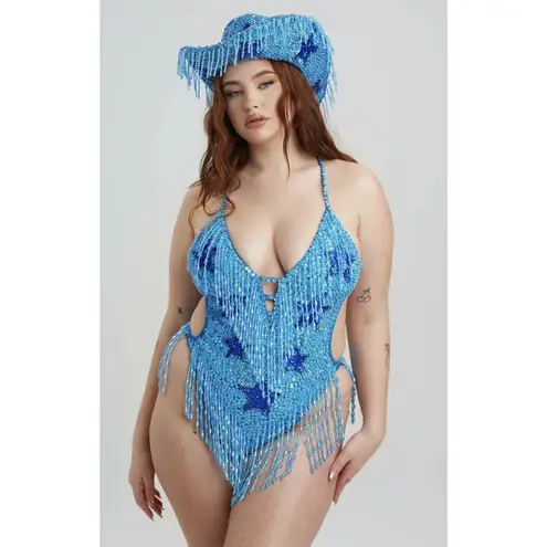 Easy Tiger Bodysuit Womens Small Blue Stargazer Sequin Festival Rave Costume