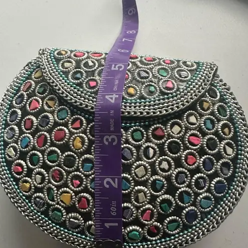 Ramla Handmade Mosaic Tile Convertible Clutch/Crossbody Bag Silver Rainbow NWOT