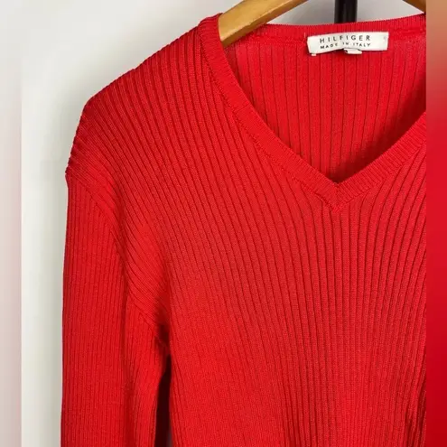 Hilfiger Collection Red 100% Silk Made in Italy Ribbed V