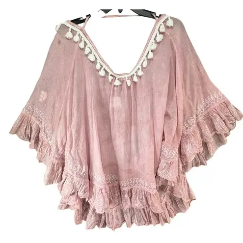 Shiraleah Romi Cover Up Top Womens OS Pink Pompom Tassel Ruffled Resort Summer Size L