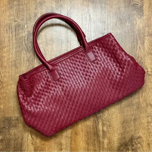 Lulu Dharma Burgundy Woven Tote Weekender Travel Bag Vegan Leather Red