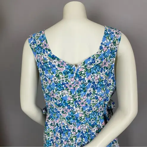 Vintage‎ Liberty Dress Apron Style Faux Wrap Side Ties Square Neck Blue Floral Size M