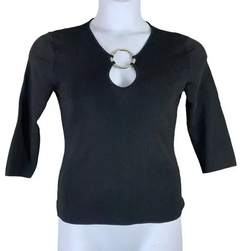 Cable & Gauge Cable Gauge Medium Top Black 1/2 Sleeve Silver Ring Neckline Cutout Womens