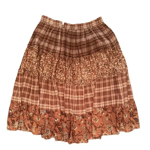 Large (Runs Big) Brand Unknown Plaid Floral Bohemian Fall Skirt Brown Size M