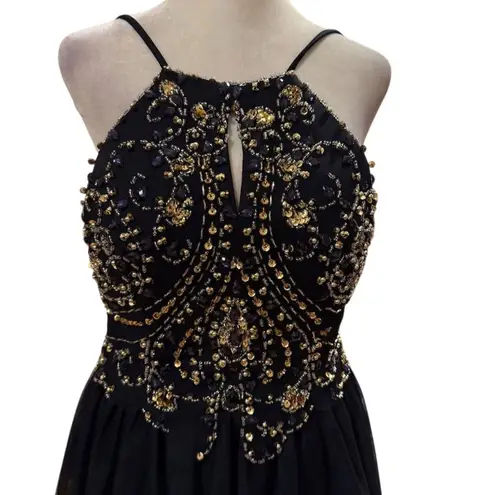 Blondie Nites Black Gold Embellished Knee Length Party Dress 7